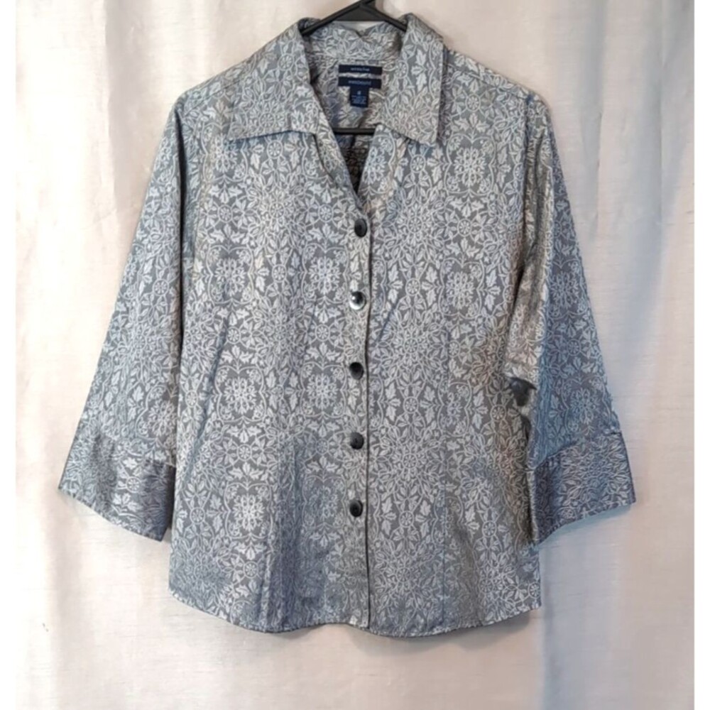Westbound Women's 16 Festive 3/4 Sleeve Shirt Silver/Gray Shiny Jacquard Career
